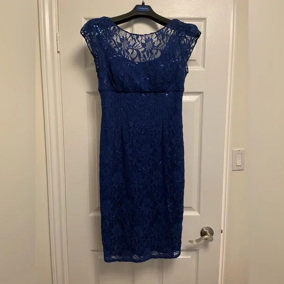 Laura Dresses Laura Blue Lace And Sequin Overlay Sheath Dress